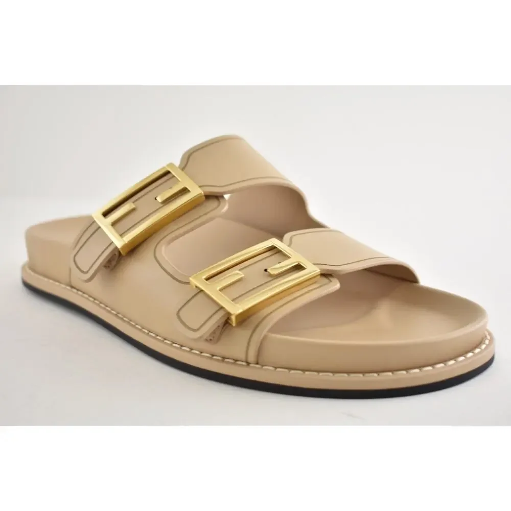 Fendi Feel Dual Strap Beige Leather Gold Logo Buckle Mule Flat Sandal Slide 39.5